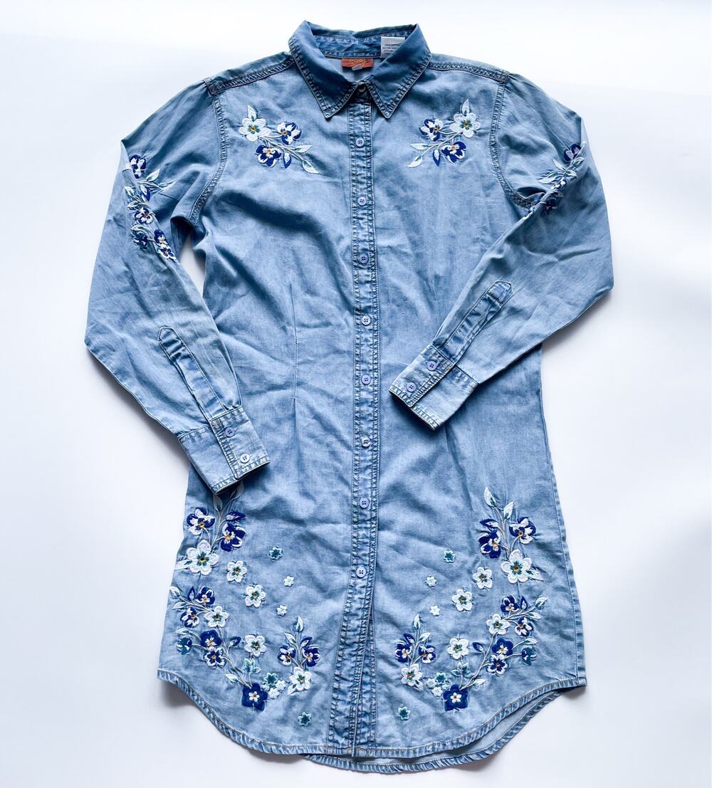 Womens Scully Embroidered Denim Chambray Long Sleeve Shirt Dress Size Small